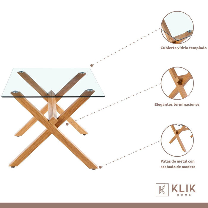 Comedor de Vidrio Cross 140x90cm + 6 Sillas Fresno de Madera