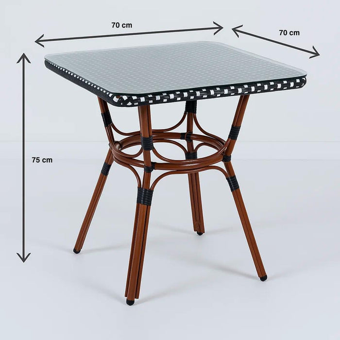 Mesa Bistro Parisina de Vidrio con Metál y Rattan Sintético
