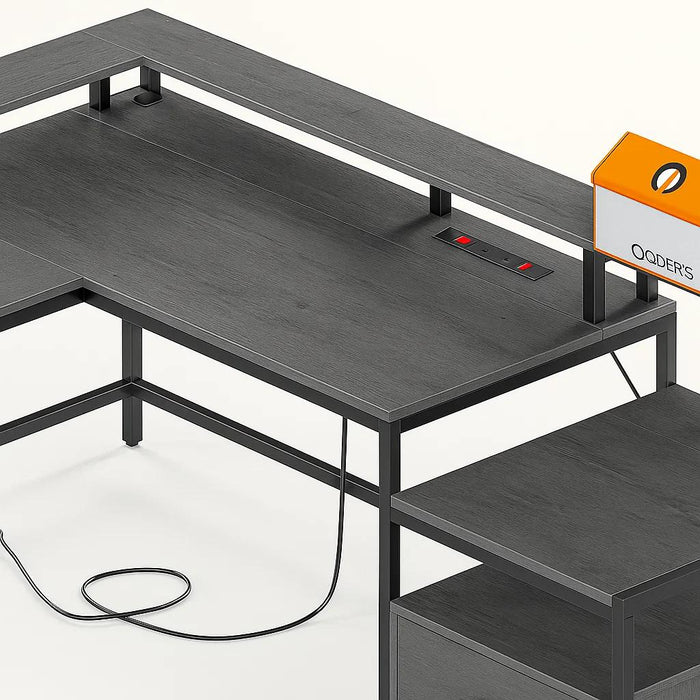 Escritorio Nova X en L modular con Estación de Carga Integrada (2 Enchufes + 2 USB) - Gris Negro