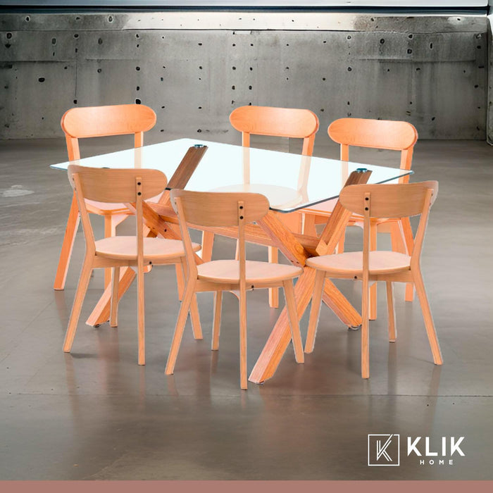 Comedor de Vidrio Cross 140x90cm + 6 Sillas Fresno de Madera