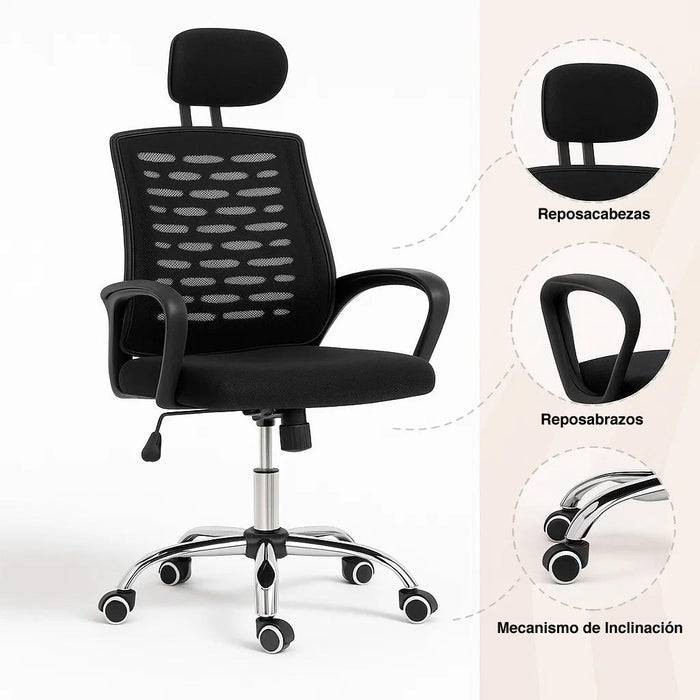 Silla oficina simply mesh negra con apoyabrazos y cabeza