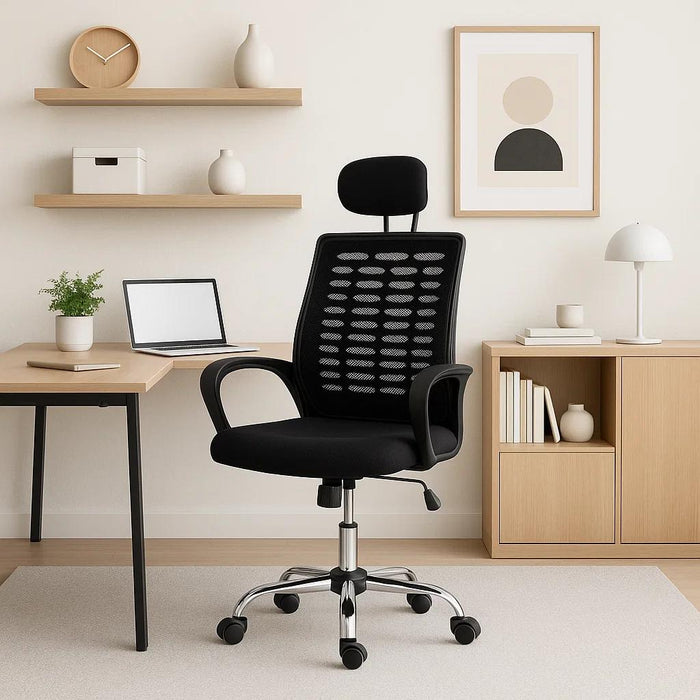 Silla oficina simply mesh negra con apoyabrazos y cabeza