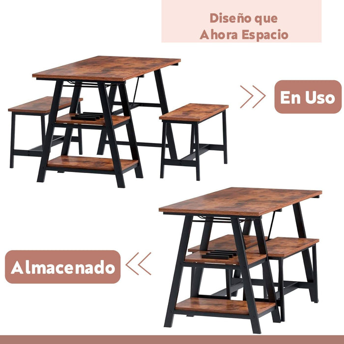 Comedor industrial con repisas y banquetas